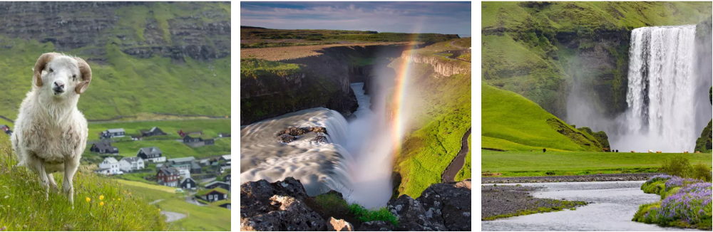 Wyspy Owcze, Islandia i Azory, wodospady, klify