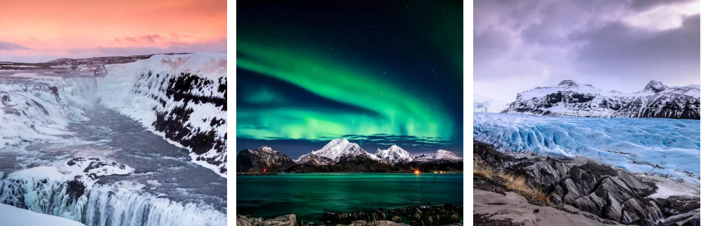 Zorza, zamarznięte wodospady, Islandia